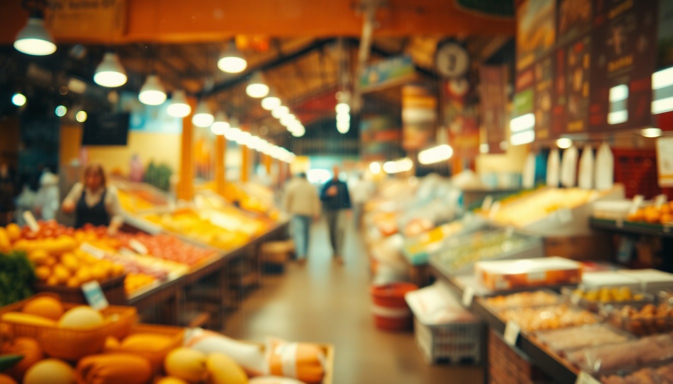 An abstract, out-of-focus photograph in warm, earthy tones depicting a farmers market scene with stalls of fresh produce, dairy, and meat, creating a hazy, dreamlike atmosphere.