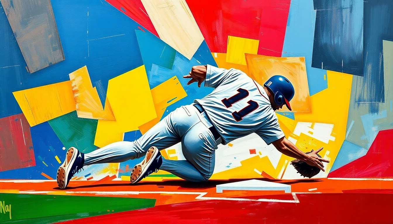 A fragmented, geometric painting in bold colors shows a baseball player sliding into a base, the action broken down into sharp, overlapping planes that convey a sense of motion and intensity.