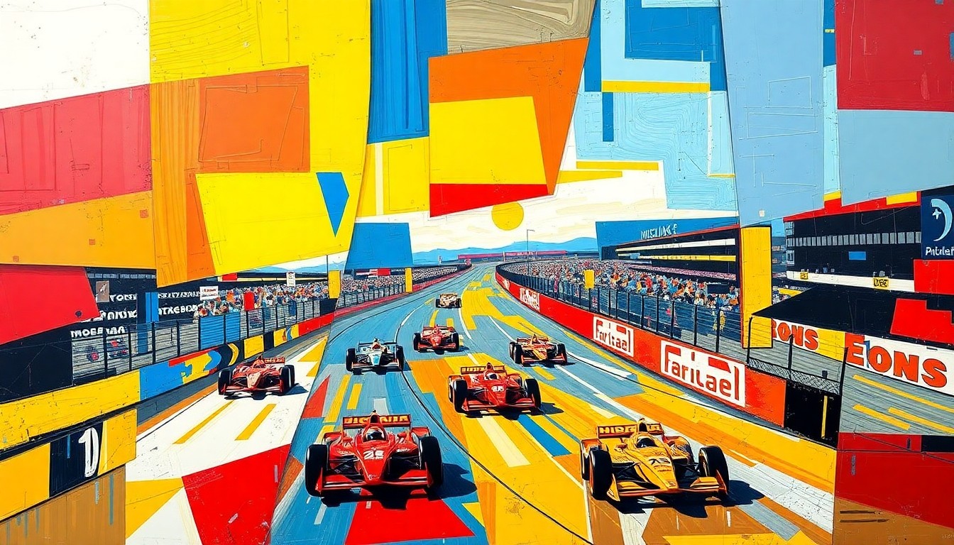 A fractured, multi-perspective painting in bold, vibrant colors depicting an INDYCAR race at Phoenix Raceway, with the cars and track rendered in an abstract, cubist style.