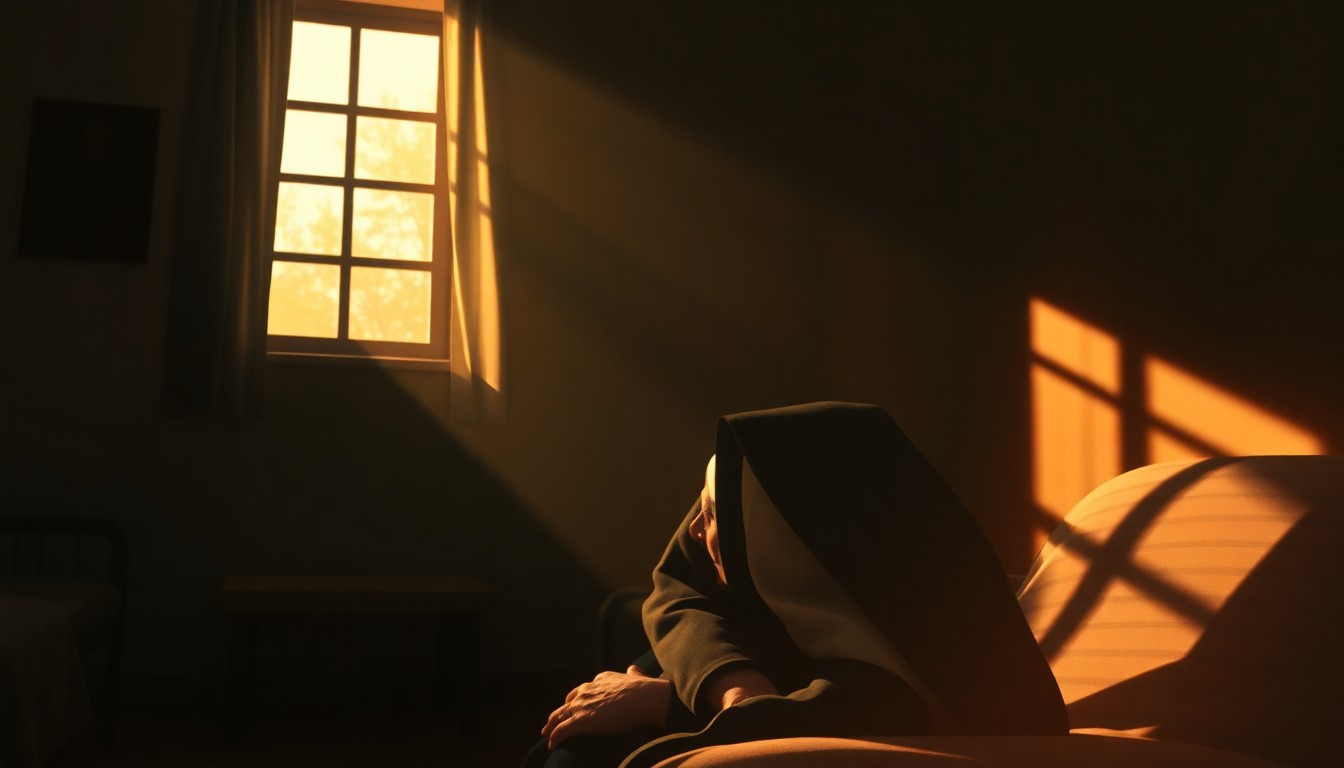 A dimly lit, cinematic painting of an elderly nun sitting by the bedside of a patient in a hospice room, the nun's face and the patient's hands illuminated by warm, diagonal sunlight, conveying the solemn yet compassionate nature of the Dominican Sisters' ministry.