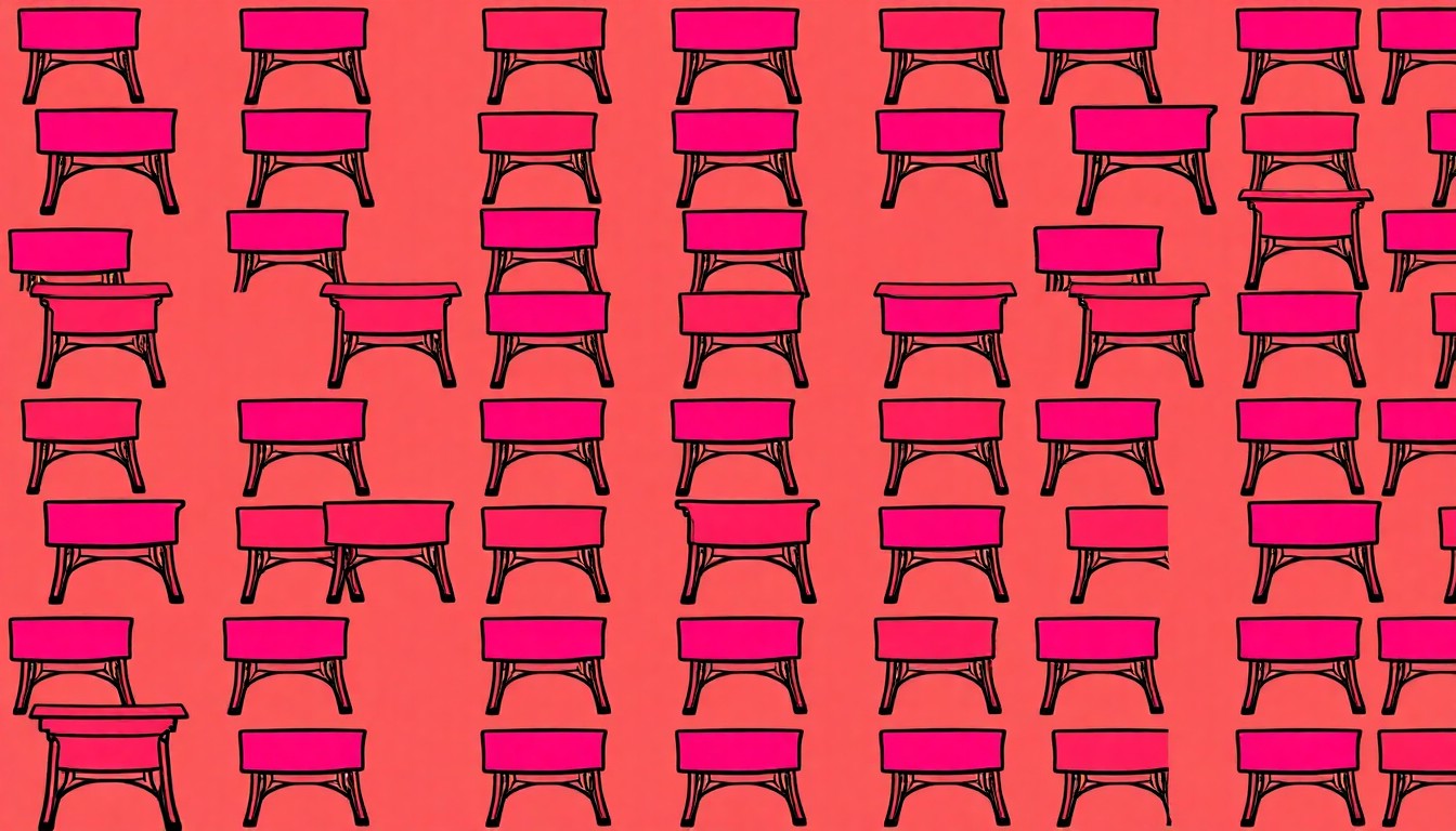 A high-contrast silkscreen print of a school desk icon repeated in a grid, rendered in bright, unnatural neon colors with heavy black outlines, conceptually representing the debate over transparency and free speech in local school board governance.