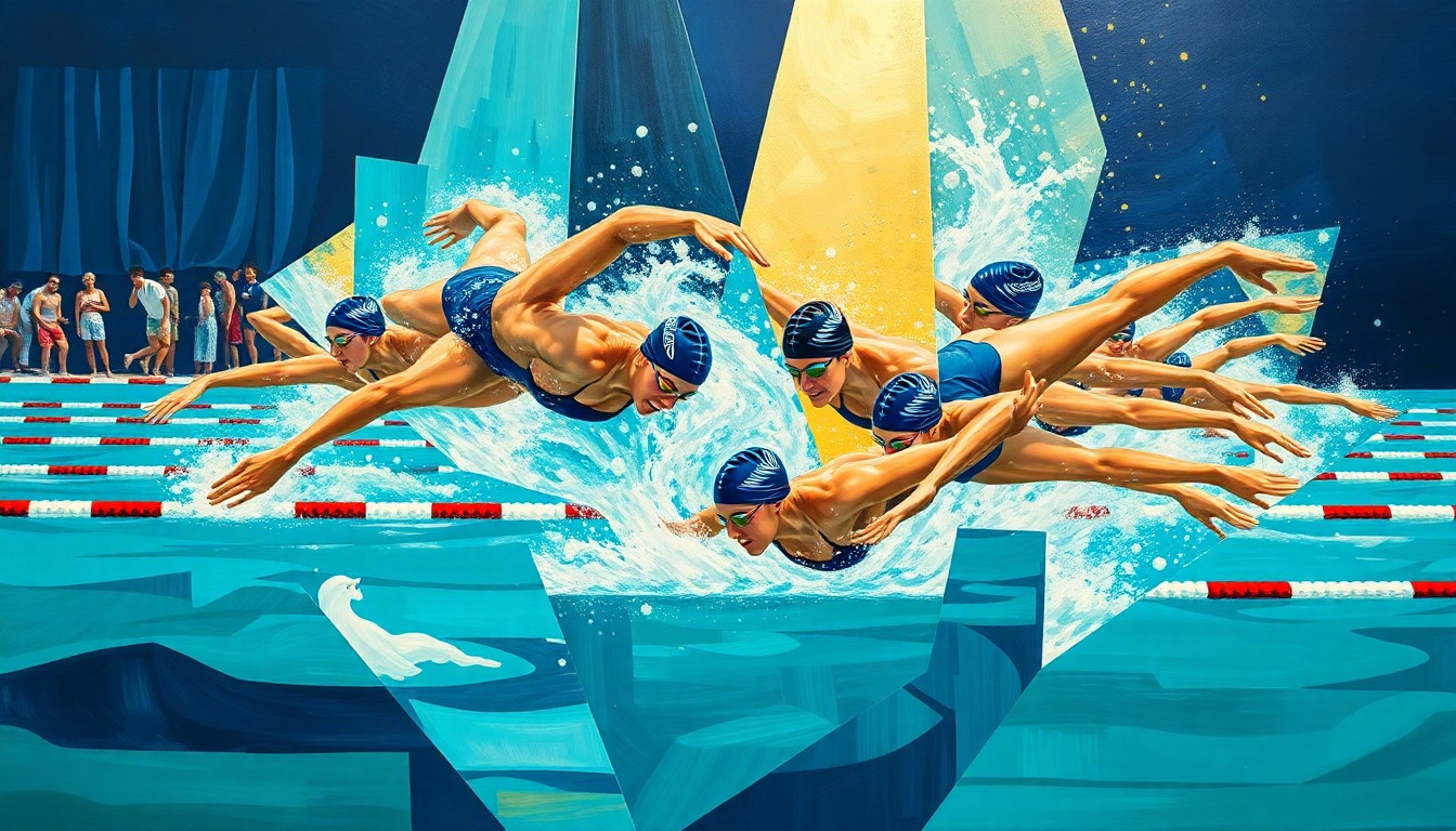 A fragmented, geometric painting in vibrant blues, greens, and golds, depicting the overlapping movements and perspectives of a women's swimming competition.