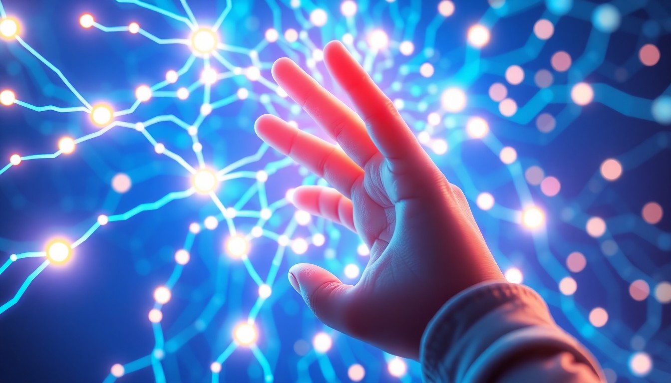 A highly detailed, glowing 3D illustration of a child's hand reaching out to touch a pulsing, neon-lit neural network, conceptually representing the complex and growing influence of AI technology on young people's lives.