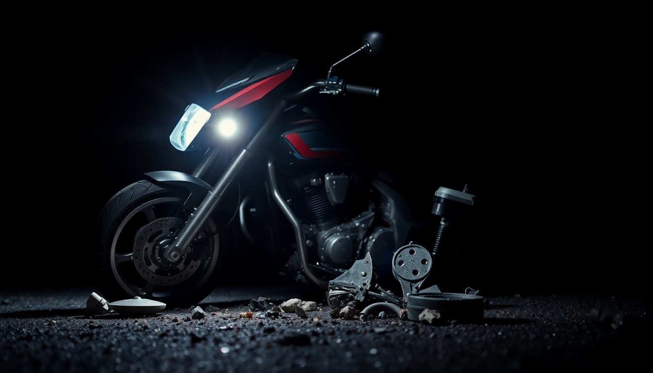 An extreme close-up photograph of a damaged motorcycle part or piece of debris from a crash site, lit by a harsh, direct camera flash against a pitch-black background, conveying a stark, gritty, investigative aesthetic.