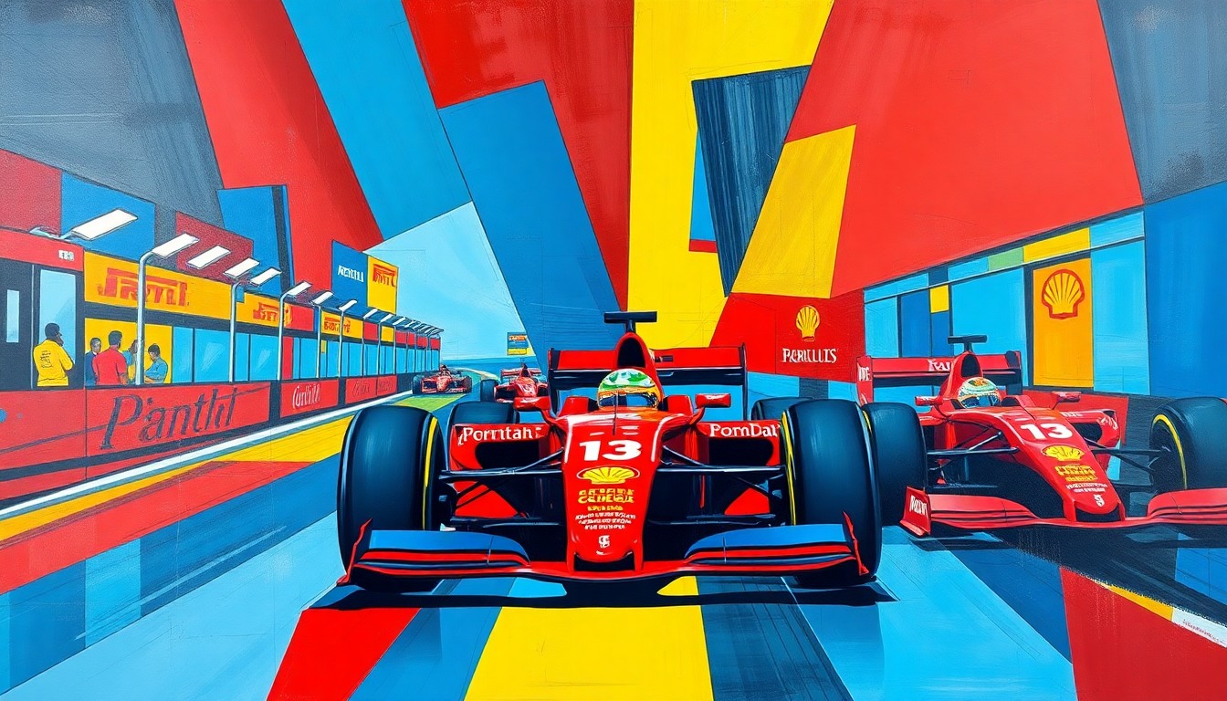 A cubist-style painting depicting a fragmented, multi-angled view of a Formula 1 race, with sharp geometric shapes in bold primary colors representing the high-speed action and competitive spirit of the sport.