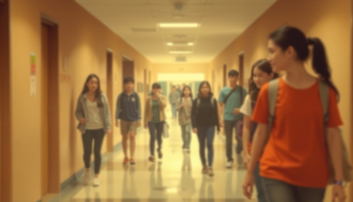 An abstract, impressionistic photograph in soft, warm tones depicting the blurred silhouettes of students moving through a school hallway, conveying a sense of the complex and nuanced issues surrounding Title IX enforcement in education.