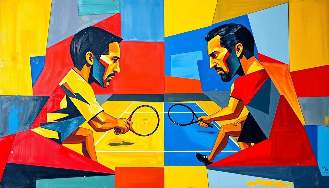 A fragmented, cubist-style painting depicting the dynamic movements and energy of a tennis match between two players, with sharp geometric shapes and vibrant colors capturing the intensity of the competition.