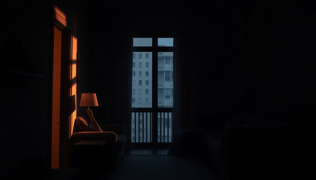 A moody, cinematic painting of a solitary figure sitting alone in a dimly lit apartment, the warm light and deep shadows creating a sense of isolation and contemplation.