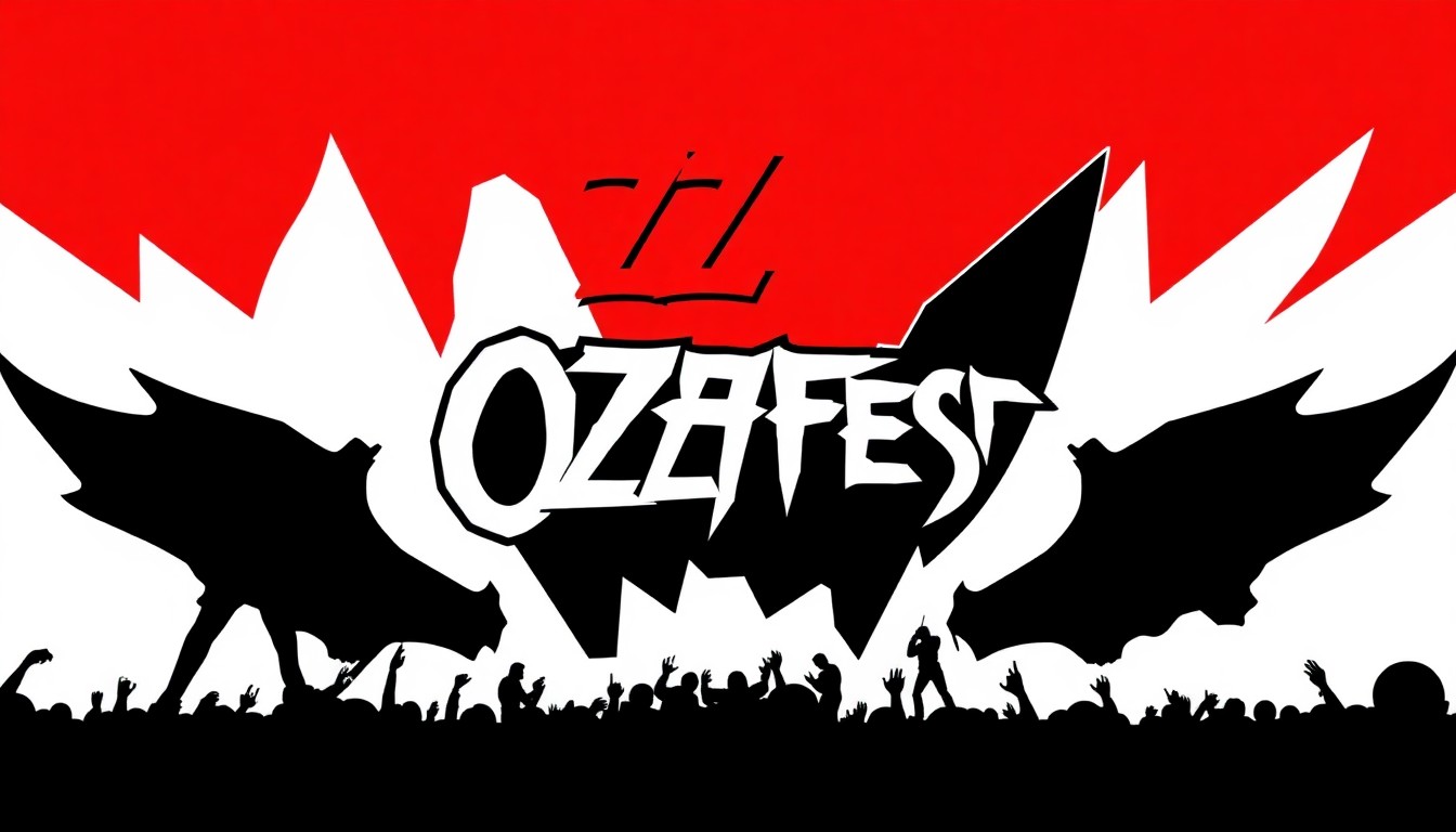 A striking, minimalist illustration featuring bold, jagged shapes in black, red, and white, conceptually representing the return of the Ozzfest metal music festival.
