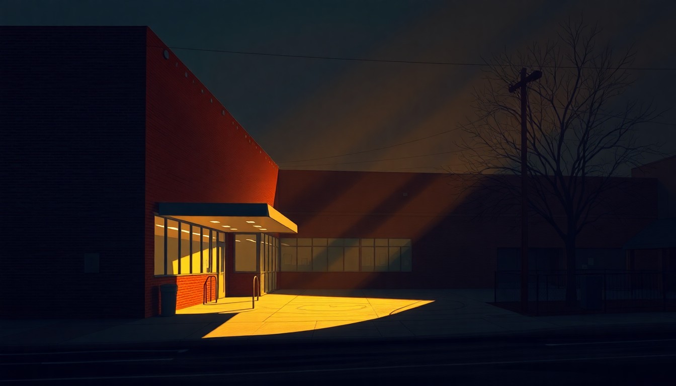 A serene, cinematic painting of the exterior of a large industrial building with tall windows, bathed in warm, golden light and deep shadows, conceptually representing the anticipation and importance of Mayor Mamdani's upcoming address.