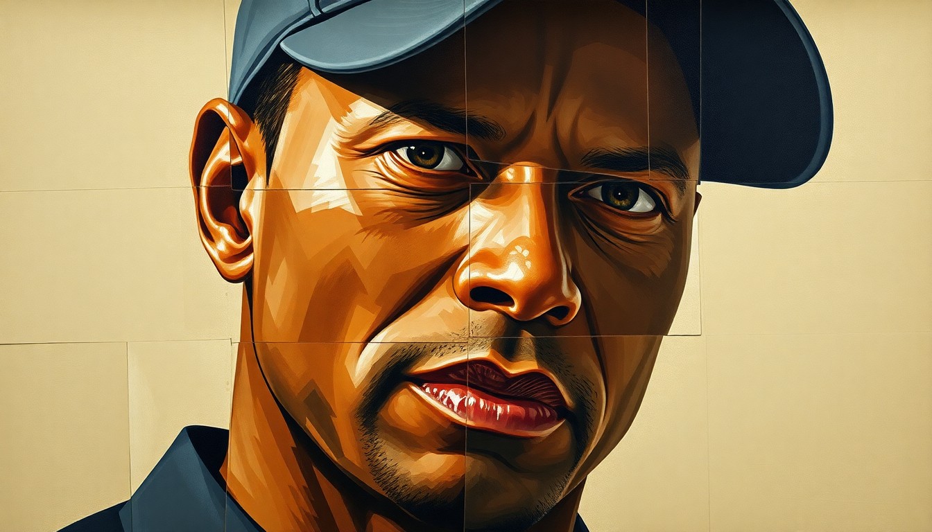 A fractured, multi-perspective painting in muted earth tones, breaking down the image of Tiger Woods into sharp, overlapping geometric planes to capture the complexity of his current situation.