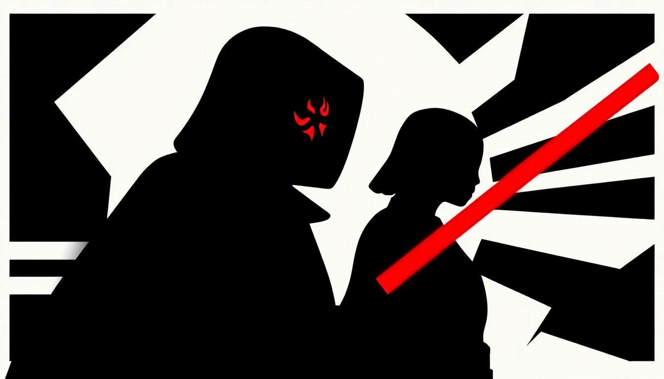 A bold, abstract composition of jagged geometric shapes and stark black silhouettes, representing the crime drama elements of the Star Wars series 'Maul: Shadow Lord' in the style of Saul Bass.