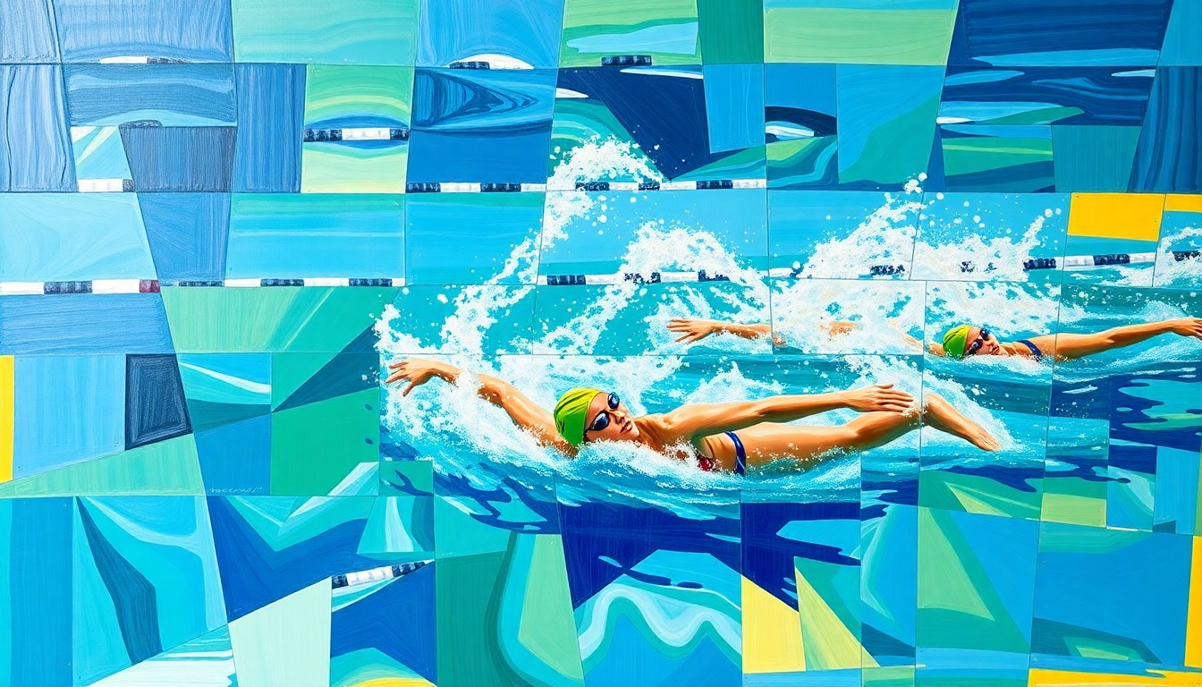 A cubist, geometric painting depicting a fragmented, multi-angled view of a women's swimming competition, with vibrant blues, greens, and golds representing the water and athletic movement.