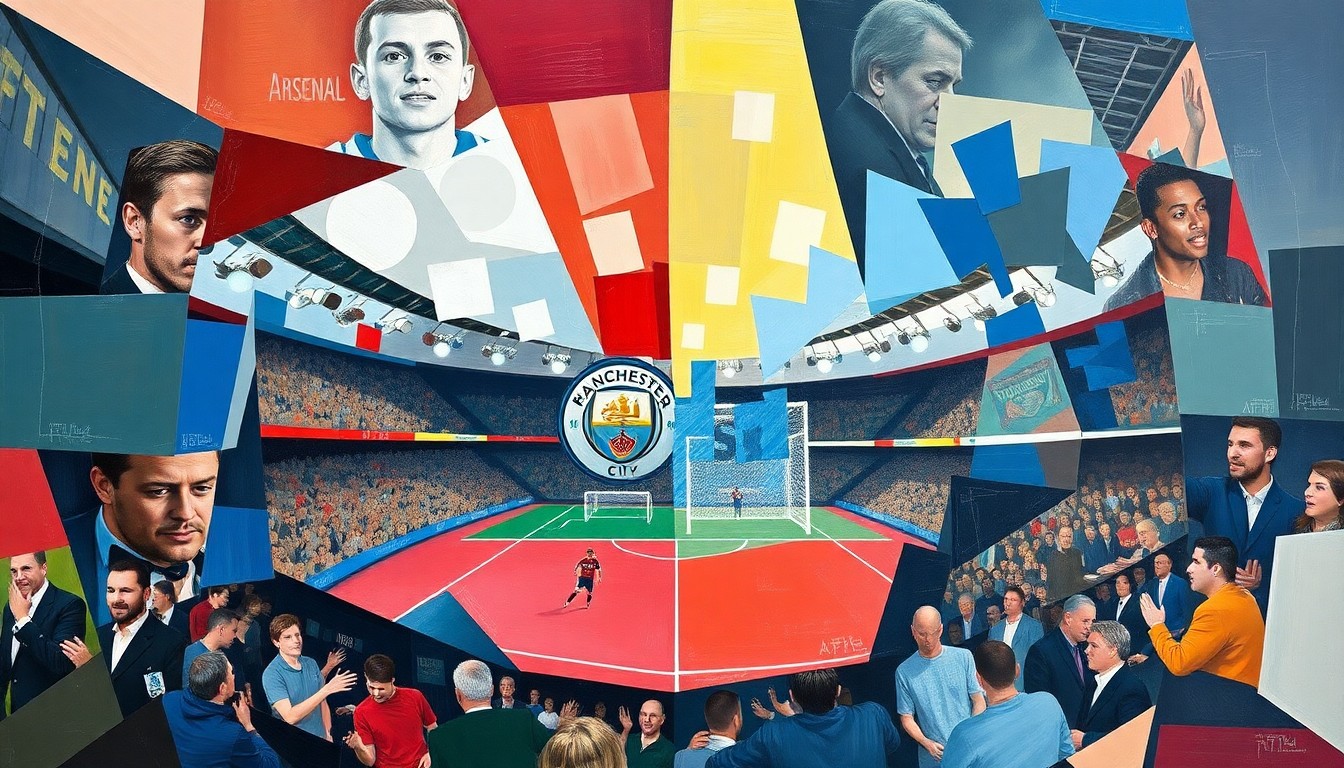 A cubist, geometric painting depicting a Premier League football match between Arsenal and Manchester City, with the players and action broken down into sharp, overlapping planes of color and shape.