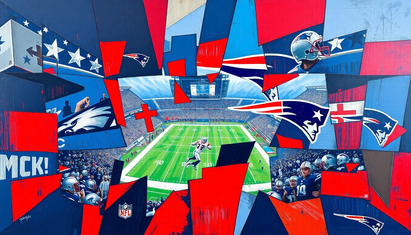 A cubist, geometric painting depicting fragmented football players and draft prospects in the colors of the New England Patriots, capturing the team's multi-faceted approach to the upcoming draft.