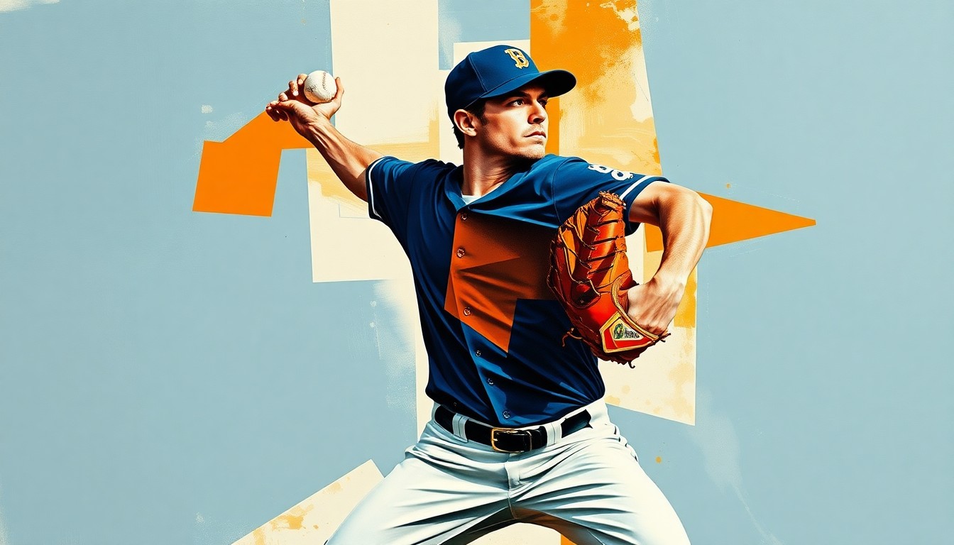 A cubist, geometric painting depicting a baseball pitcher's throwing motion, with sharp, overlapping planes of navy blue, orange, and white, capturing the dynamic energy of the sport.