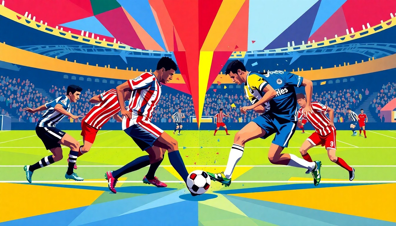 A fragmented, multi-perspective painting in the style of Pablo Picasso, breaking down the Birmingham City and Wrexham football match into sharp, overlapping geometric planes of color, representing the tactical battle and energy of the game.