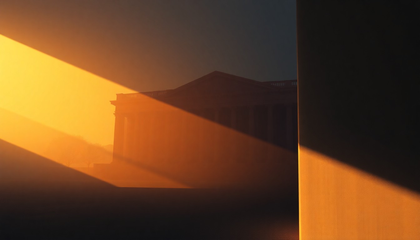 A serene, cinematic painting of a government building or political office space, with warm sunlight streaming through the windows and deep shadows casting a contemplative mood, conceptually representing China's call for a more thoughtful, individualized approach to development.