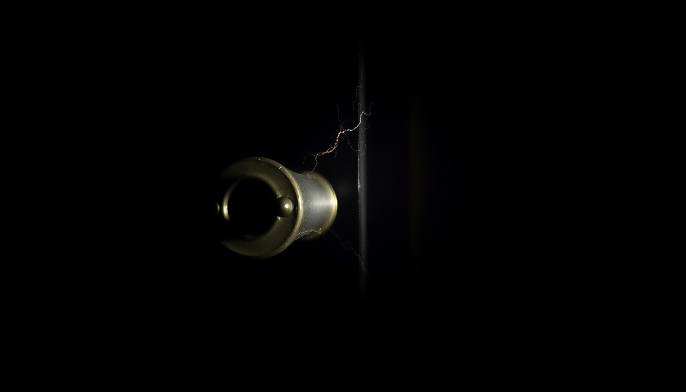 An extreme close-up photograph of a damaged door lock, lit by a harsh, direct camera flash against a pitch-black background, creating a stark, gritty, investigative aesthetic.