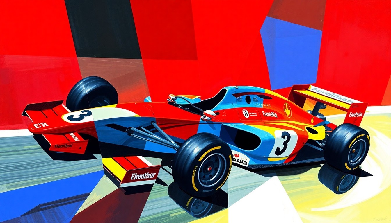 A cubist, geometric painting depicting two Formula 1 cars racing side-by-side, with the number 3 prominently featured on the side of one car, representing the meaningful gesture of a driver adopting his former teammate's iconic race number.