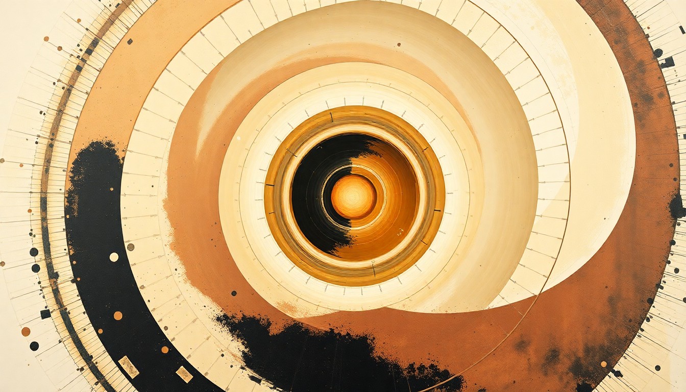 A bold, abstract painting in earthy tones featuring sweeping geometric arcs, concentric circles, and precise spirals, conceptually representing the intense physical forces the Artemis II crew will encounter during re-entry.
