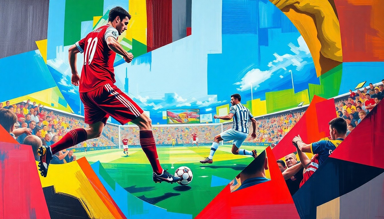 A cubist, geometric painting depicting the intensity and physicality of a Premier League football match between Arsenal and Brighton, with the players' uniforms and movements fragmented into sharp, overlapping planes of color.