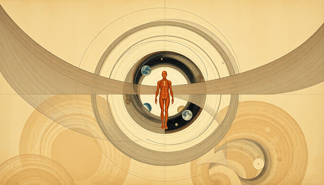 An abstract, geometric painting in soft browns, greens, and blues depicting the human form in motion, with sweeping arcs and intersecting waveforms representing the forces of gravity and the body's adaptation to microgravity.