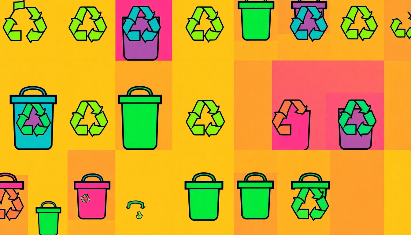 A vibrant, abstract silkscreen print featuring a repeating icon of a recycling bin in neon shades of green, blue, and pink, conveying the bold, pop art spirit of Birmingham's waste management transformation.