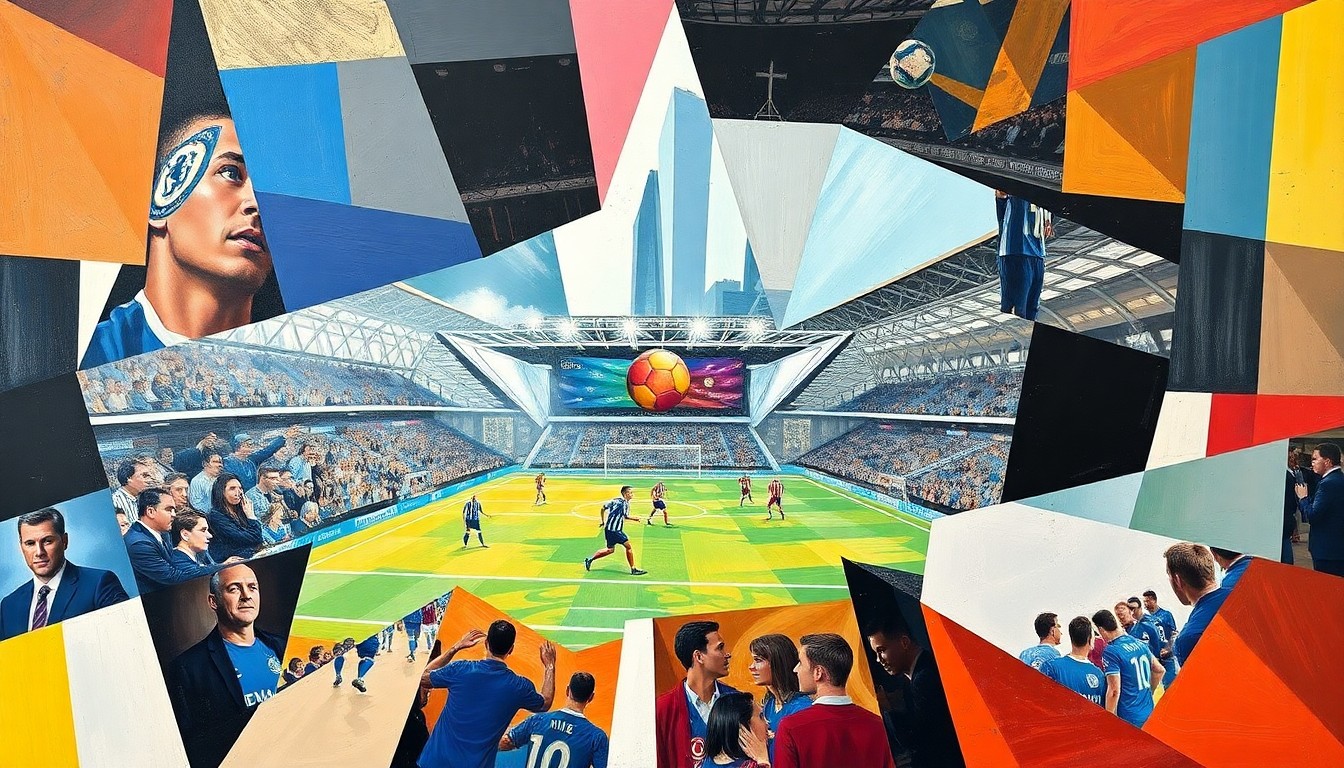 A cubist-style painting depicting a Premier League football match between Chelsea and Manchester City, with the players and field broken down into sharp, overlapping geometric shapes and planes, conveying the complex dynamics at play in the title race.