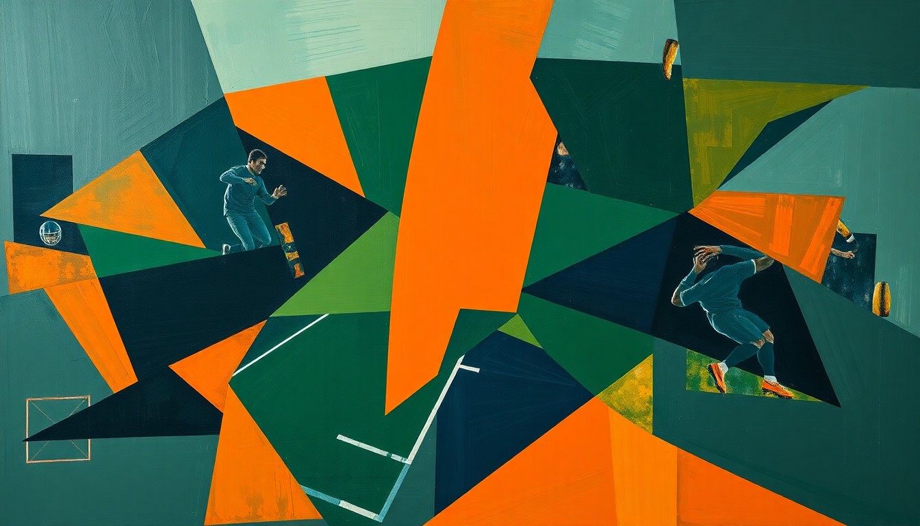 A fragmented, geometric painting depicting a football game or match, with sharp planes of navy, green, and orange overlapping to create a sense of motion and energy, representing the intricate decision-making process behind the Commanders-Jaguars trade deal.