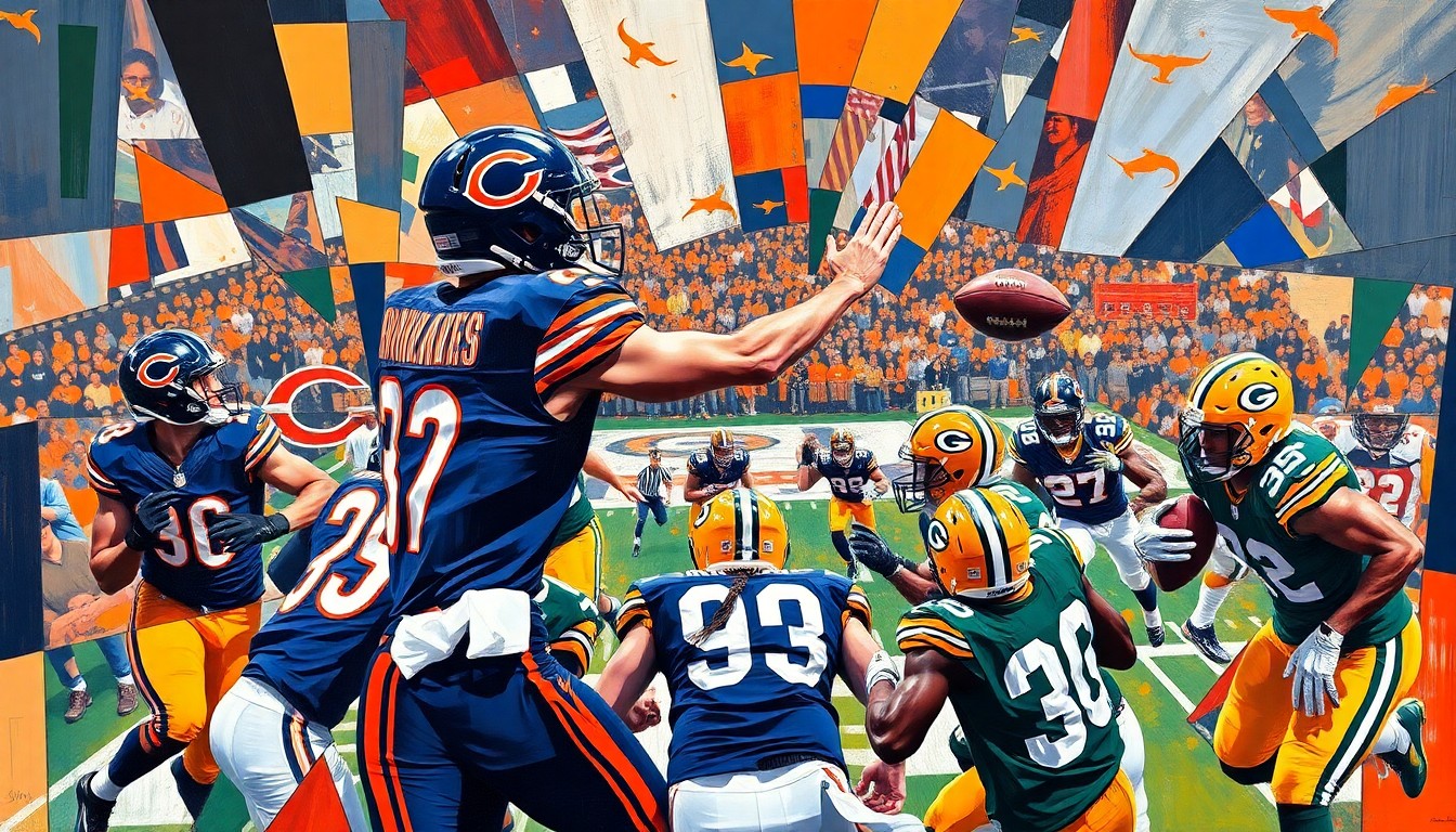 A cubist, geometric painting depicting a pivotal moment from the Bears' playoff comeback against the Packers, with overlapping planes of navy, orange, green, and gold representing the intense action on the field.