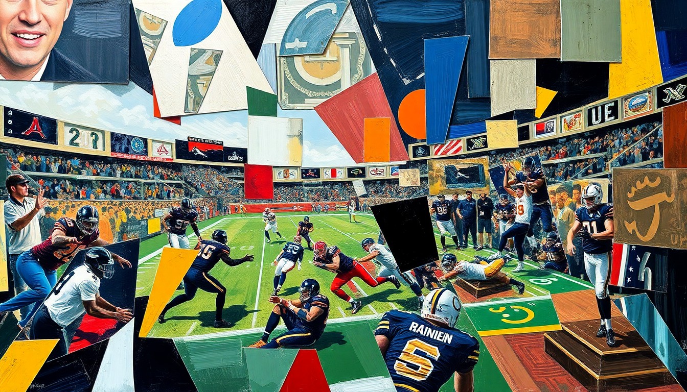 A cubist, geometric painting depicting fragmented and overlapping shapes representing a football game or draft day action, conveying the dynamic and unpredictable nature of the Broncos' potential move.