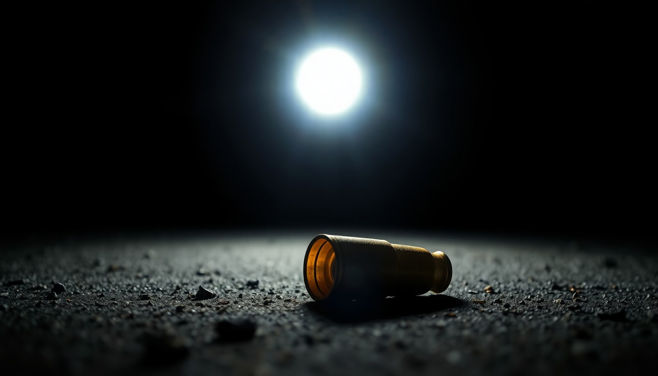 An extreme close-up photograph of a spent shell casing on the ground, lit by a harsh, direct camera flash against a pitch-black background, conveying a sense of the sudden, violent nature of the incident through dramatic lighting and minimal detail.
