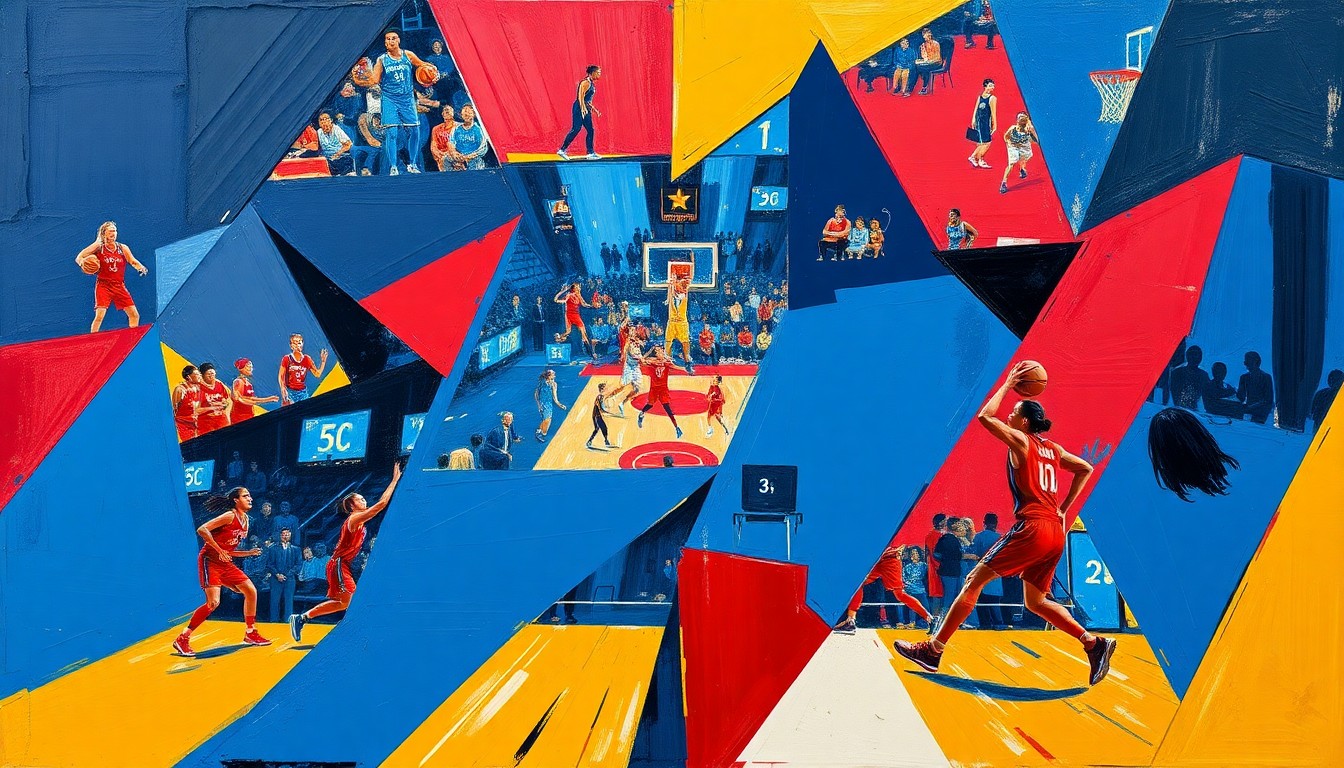 A cubist, geometric painting depicting a fragmented WNBA basketball game, with sharp, overlapping planes of navy blue, crimson red, and gold, conveying the energy and intensity of professional women's basketball.