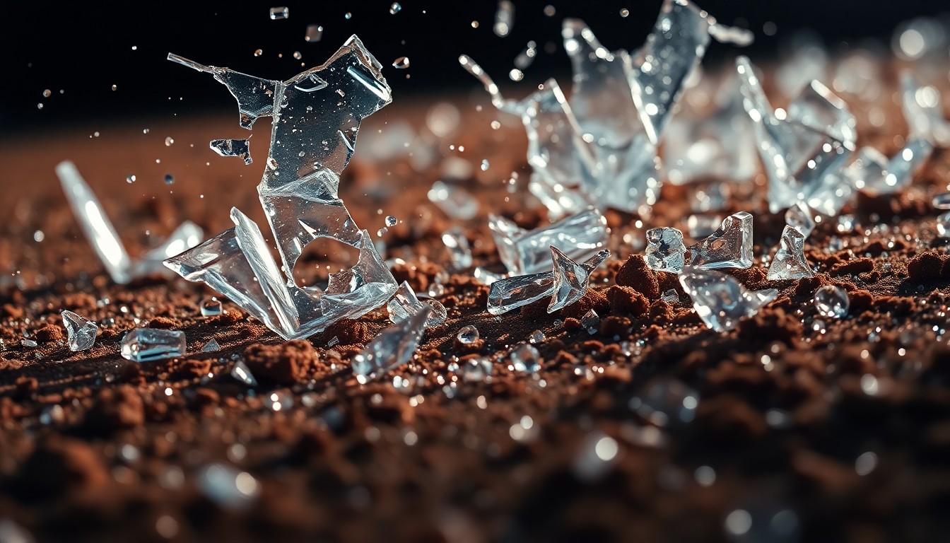 An extreme close-up of shattered glass and gritty baseball field dirt, captured in high-contrast studio lighting to create a sense of glamour and spectacle, conceptually representing the clash between Netflix's disruptive streaming model and baseball's traditional, community-driven identity.