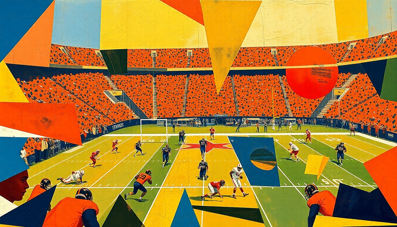 A cubist, geometric painting depicting a Texas Southern football game, with the players and field abstracted into vibrant, angular shapes in a palette of burnt orange, navy blue, and gold.