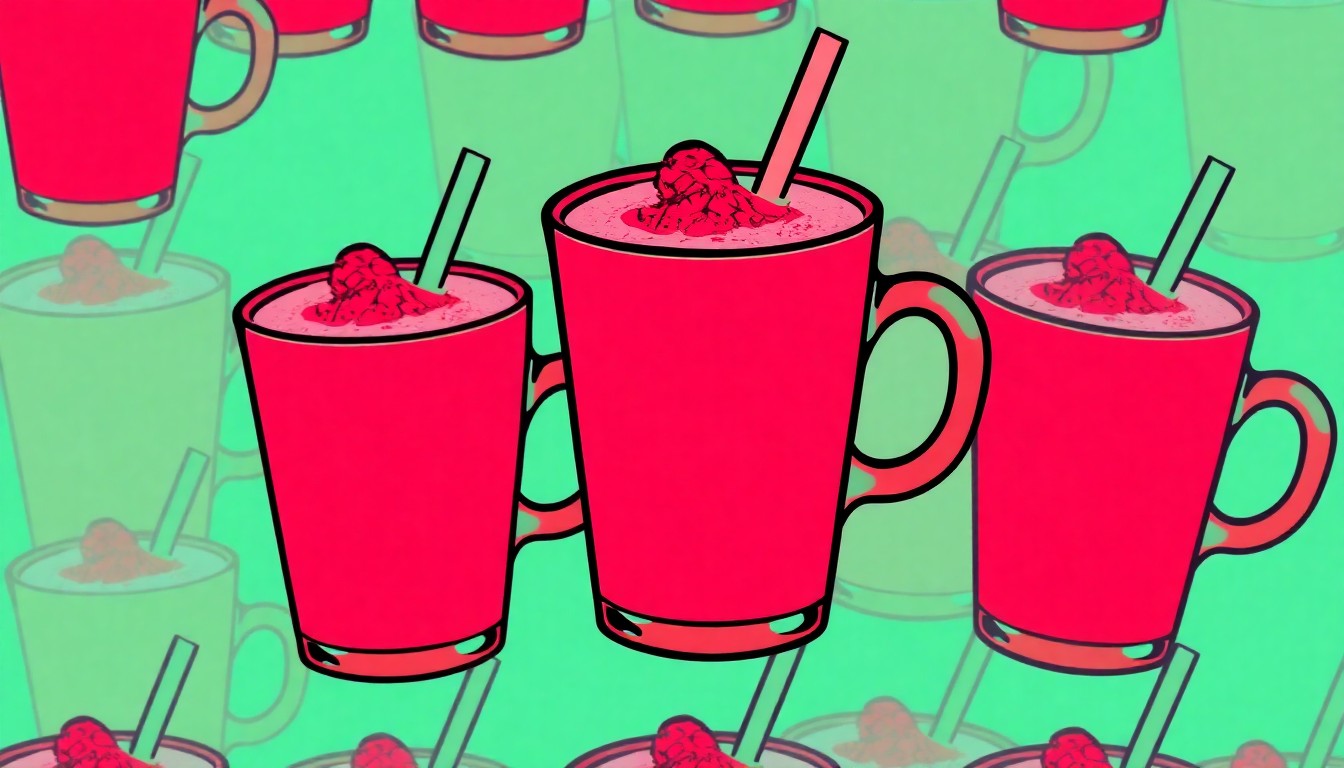 A brightly colored, abstract silkscreen-style illustration featuring multiple repeating images of a raspberry Danish latte cup in a grid pattern, using vibrant neon colors and heavy black outlines to capture the essence of a modern pop art style.