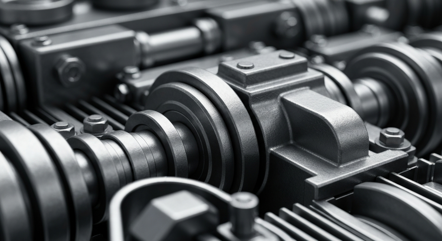 An extreme close-up of heavy, industrial banking machinery and mechanics in shades of steel gray, gunmetal, and chrome, conceptually representing the physical power and security of the financial system.