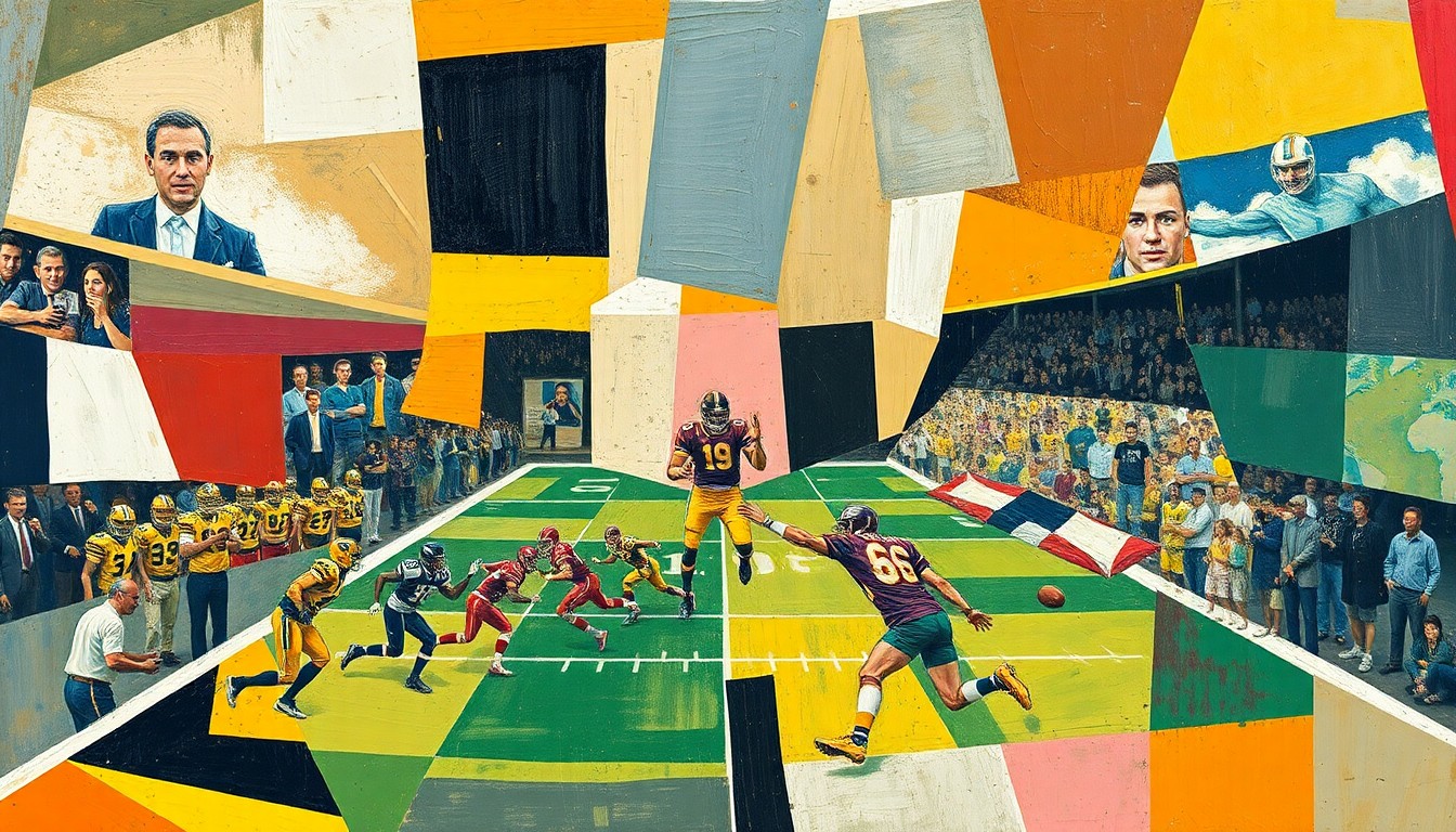 A fragmented, geometric painting depicting a football game broken down into overlapping planes of color and shape, conveying the multifaceted nature of officiating in the sport.