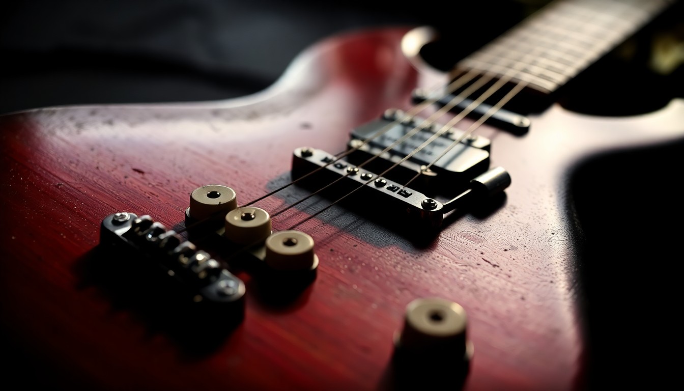 An extreme close-up photograph of the worn and textured body of an electric guitar, capturing the gritty, lived-in aesthetic of rock and roll and evoking a sense of musical history.
