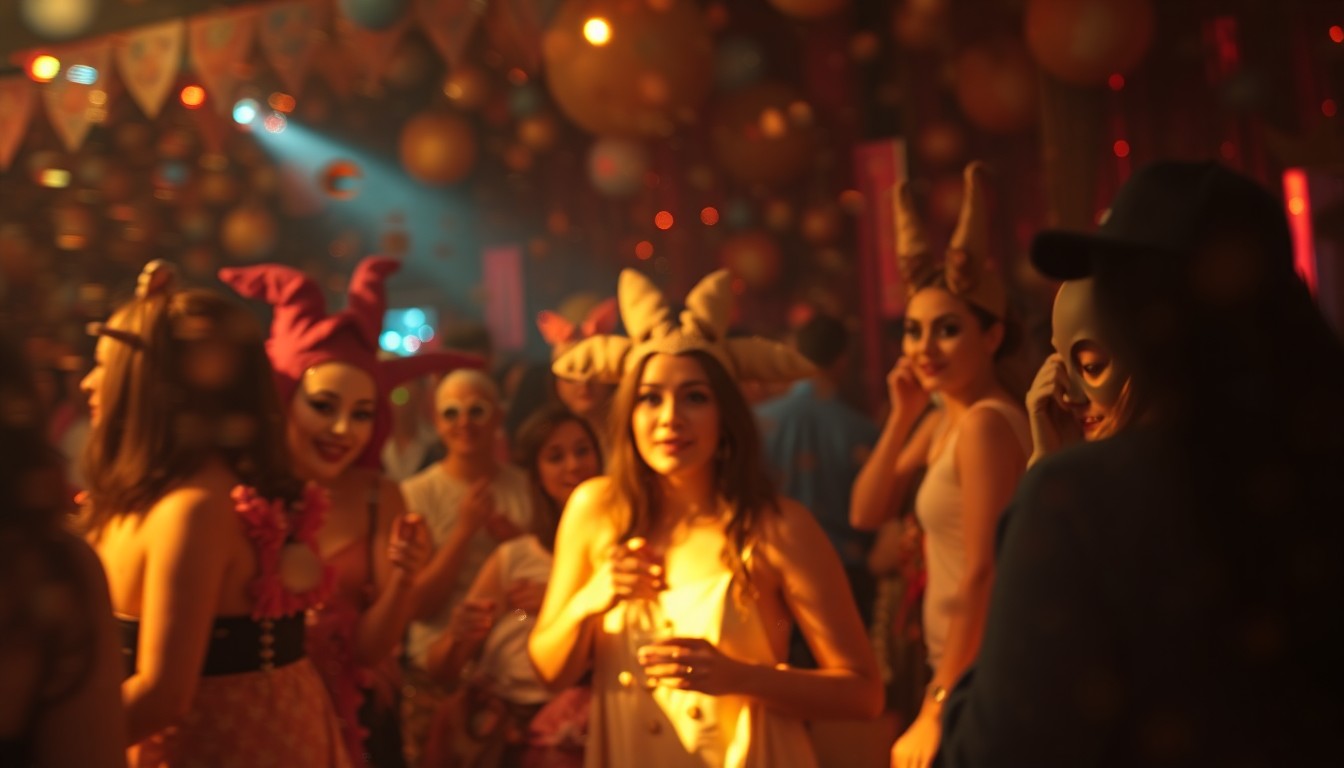 An abstracted, out-of-focus scene of people in fantastical costumes and masks at a lively party, with pools of warm color and light, conceptually representing the enchanting atmosphere of the Forever Paws fundraiser.