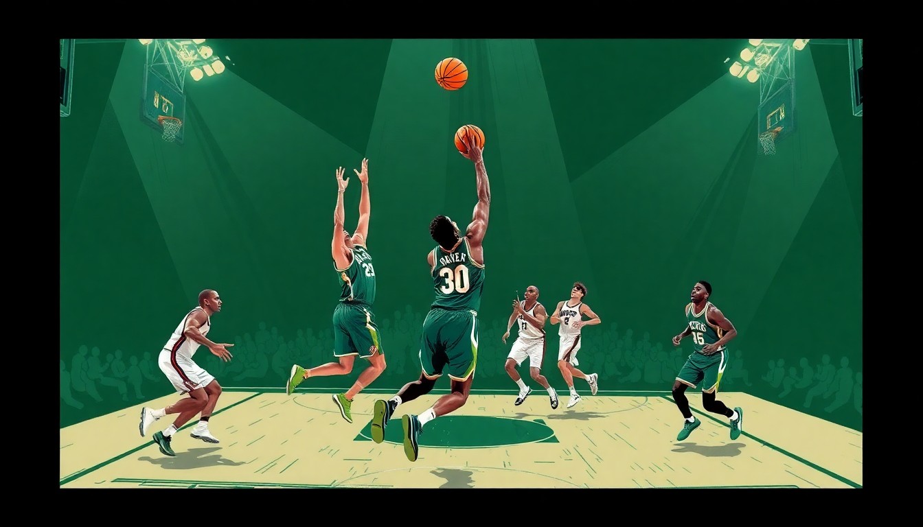 A cubist-style painting featuring overlapping geometric shapes and planes in vibrant blues, greens, and oranges, conveying the dynamic movement and intensity of a basketball game.