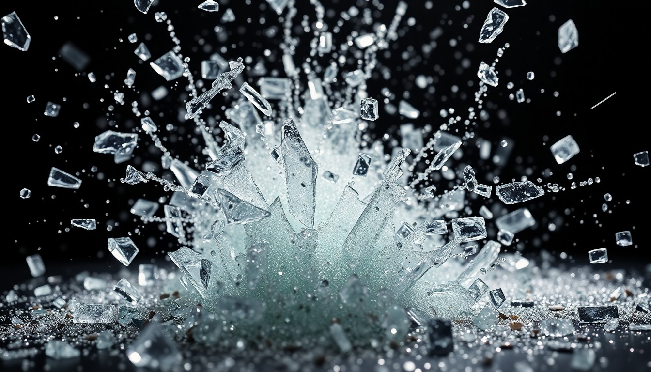 An abstract close-up image of shattered glass and glittering sequins, captured in dramatic high-contrast lighting to convey the high-stakes drama and chaos of the upcoming events on The Young and the Restless.