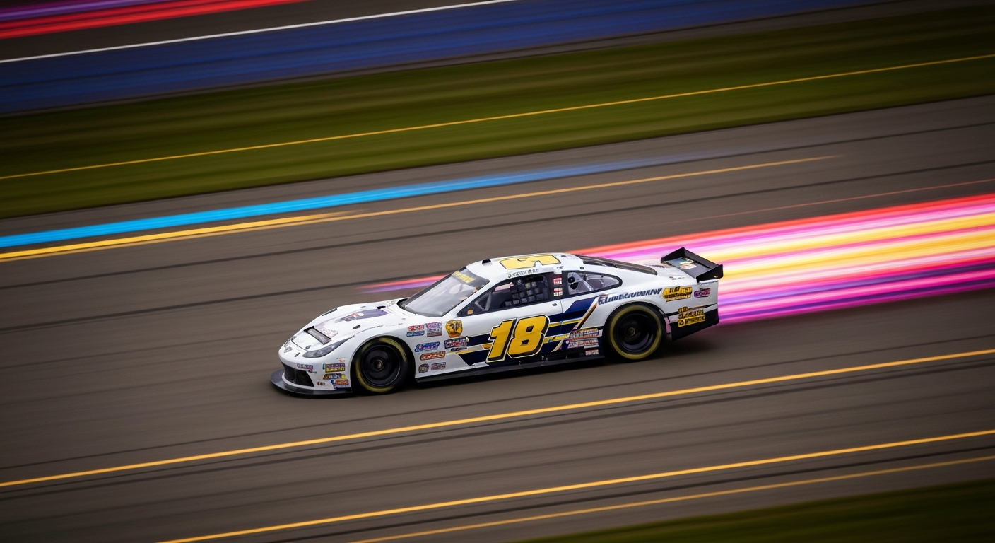 An abstract, blurred image of a race car in motion, with streaks of vibrant colors representing the speed and energy of the Bandimere Speedway's relocation to Hudson.