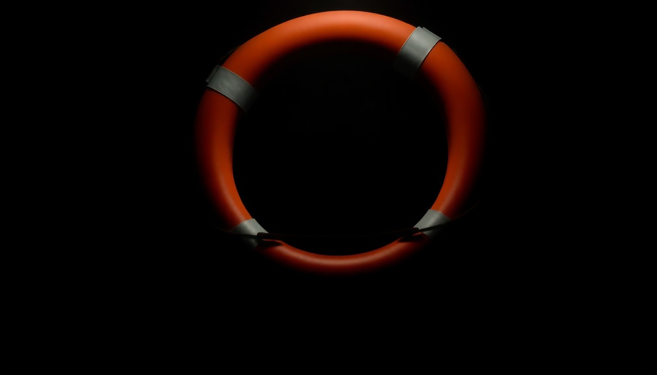 An extreme close-up photograph of a life preserver ring floating in dark water, lit by a harsh, direct camera flash against a pitch-black background, conceptually illustrating the urgency and drama of a water rescue.