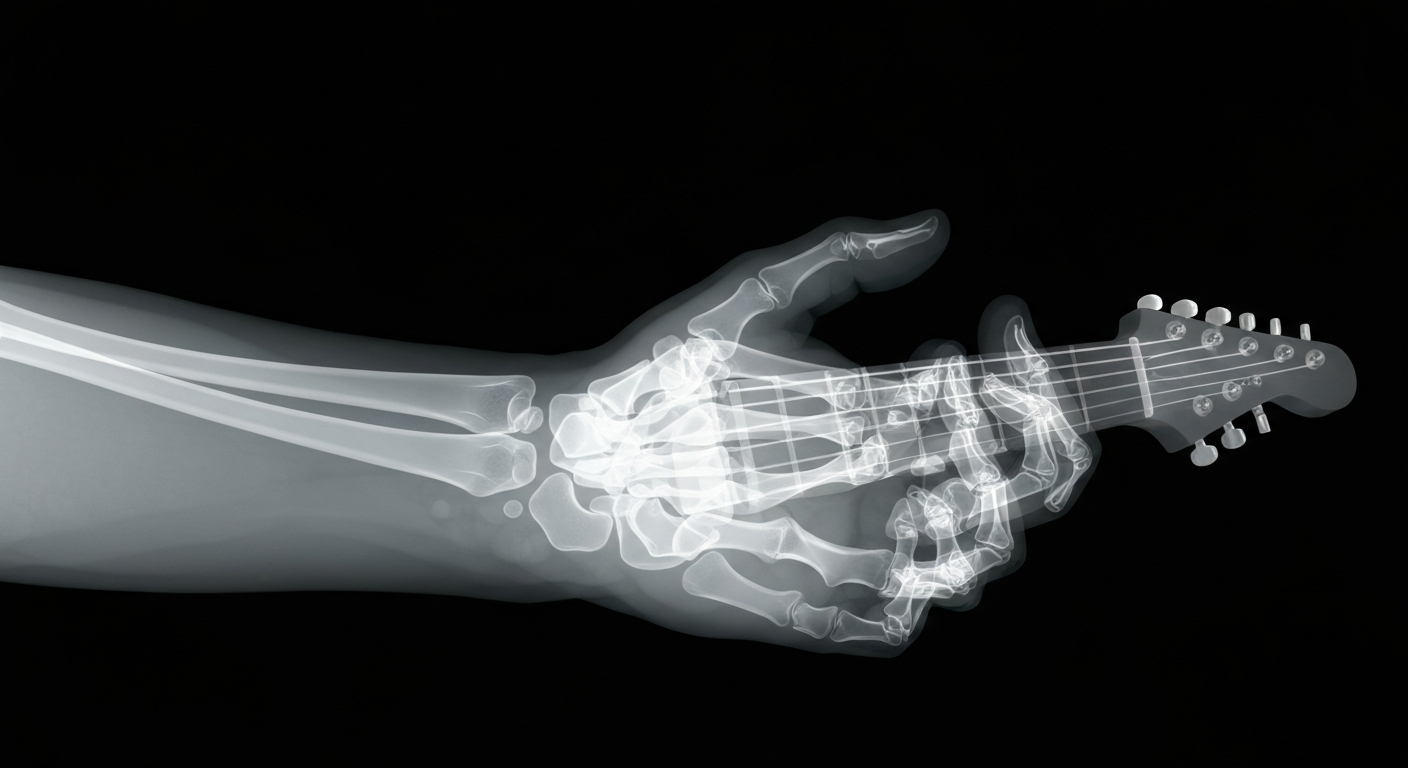An extreme close-up X-ray photograph showing the intricate bones and tendons of a human hand and wrist in a guitar-playing position, conceptually representing the challenges a musician faces when living with Parkinson's disease.
