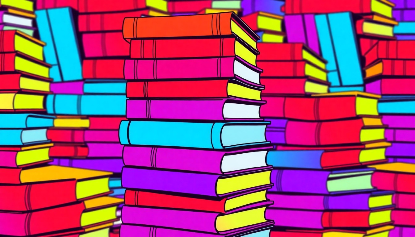 A brightly colored, abstract grid of stylized school books in neon shades, representing an educational scholarship program.