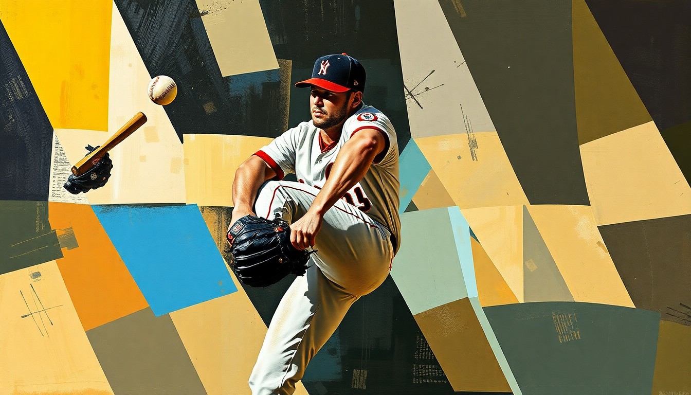 A cubist-style painting depicting a baseball pitcher's motion broken down into sharp, overlapping geometric shapes and planes, representing the fractured nature of Crouse's career journey.