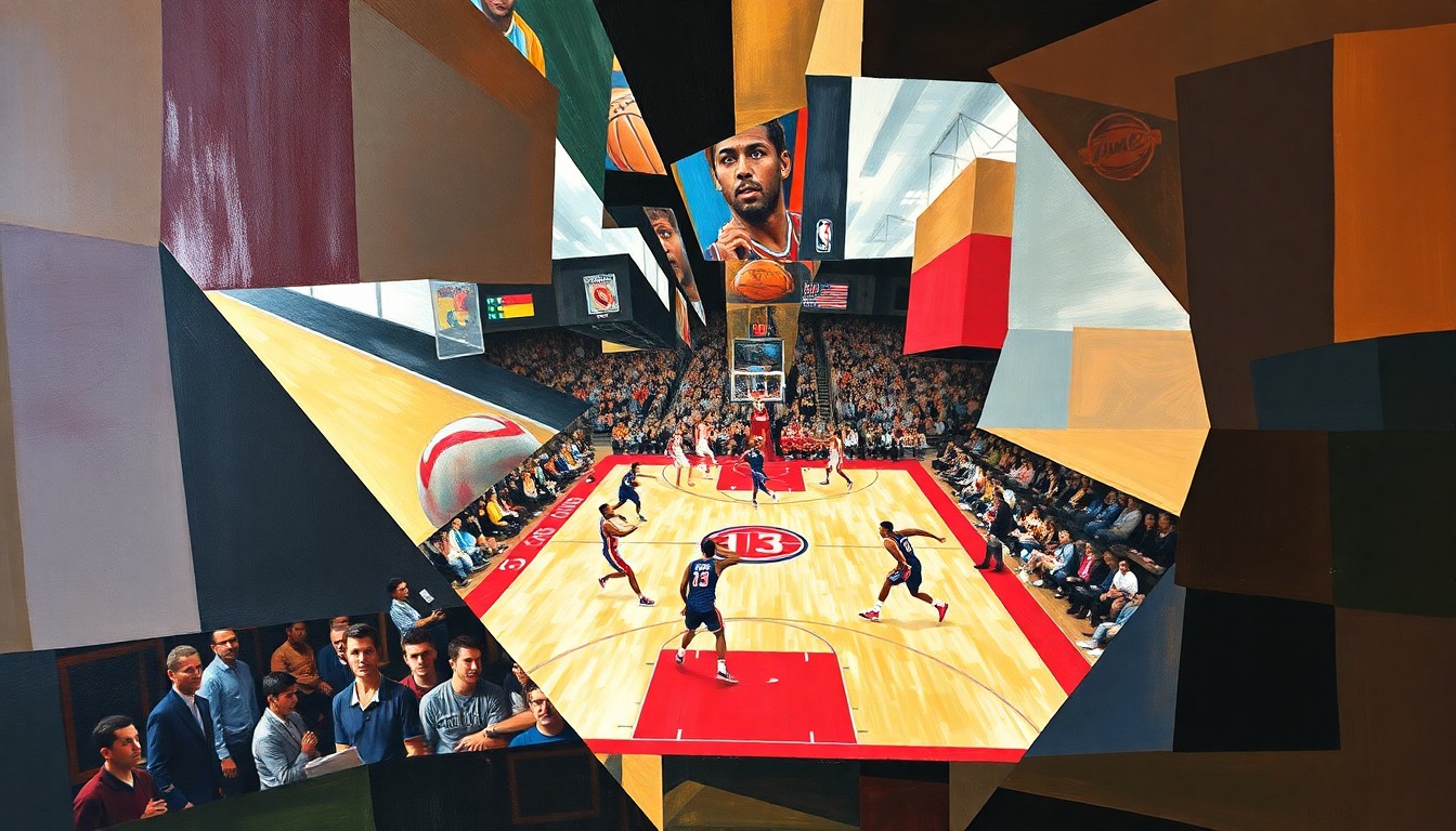 A cubist-style painting depicting a basketball game, with players and the court broken down into sharp, overlapping geometric shapes and planes in vibrant colors, conveying the energy and intensity of the match.