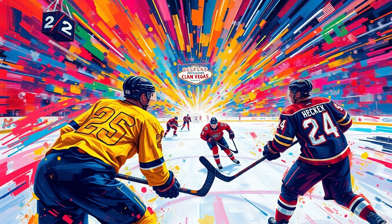 An abstract, expressionist painting in vibrant neon colors, capturing the raw energy and excitement of a college hockey championship game, with players' faces and jerseys dissolved into unrecognizable splatters of paint.
